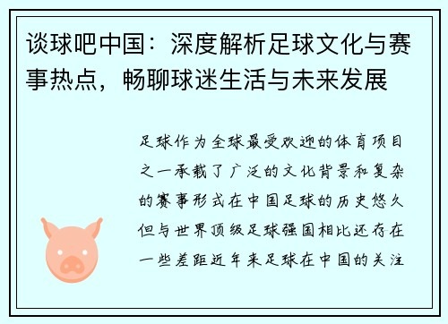 谈球吧中国：深度解析足球文化与赛事热点，畅聊球迷生活与未来发展